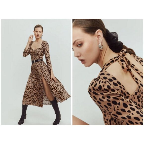 💕REFORMATION💕 Mara Midi Dress ~ Bobcat Animal Print 0 NWT - Picture 1 of 16